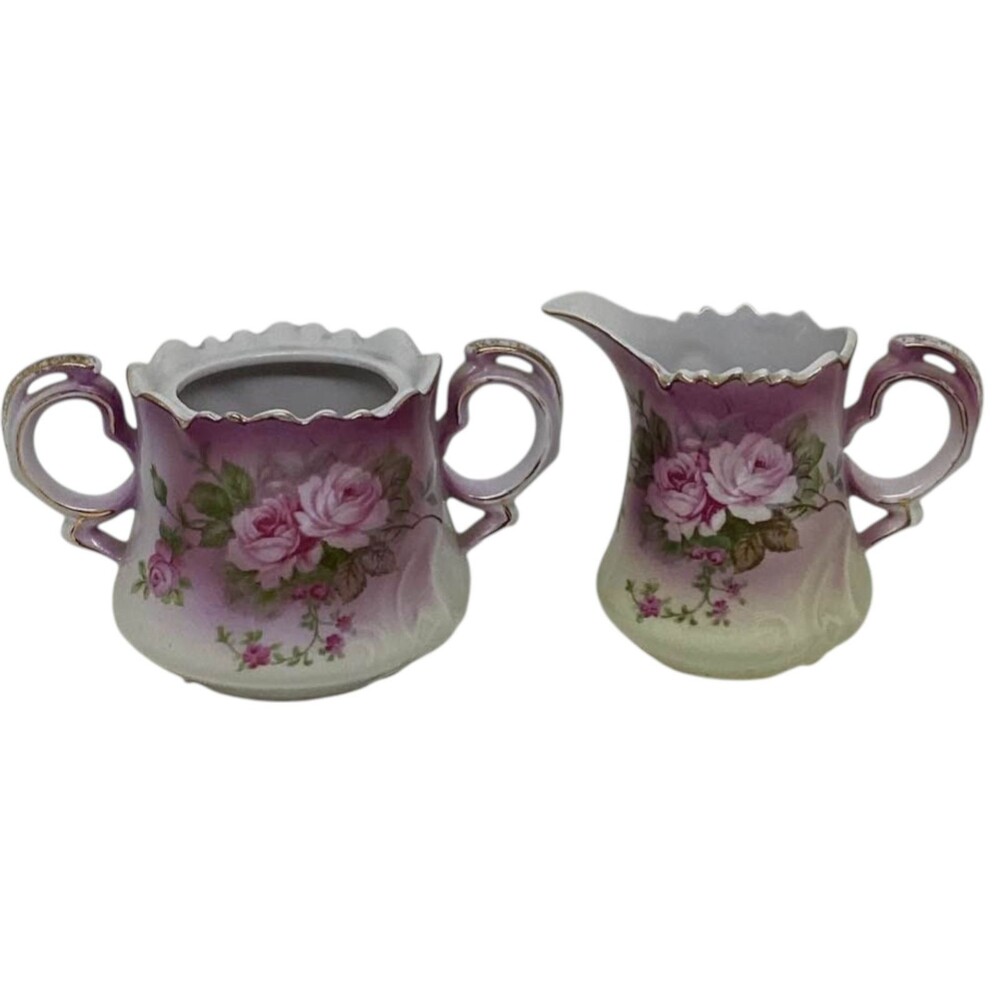 Lefton China Sugar Bowl Creamer Pitcher Heavenly Rose Gold 2689 Hand Painted Vtg